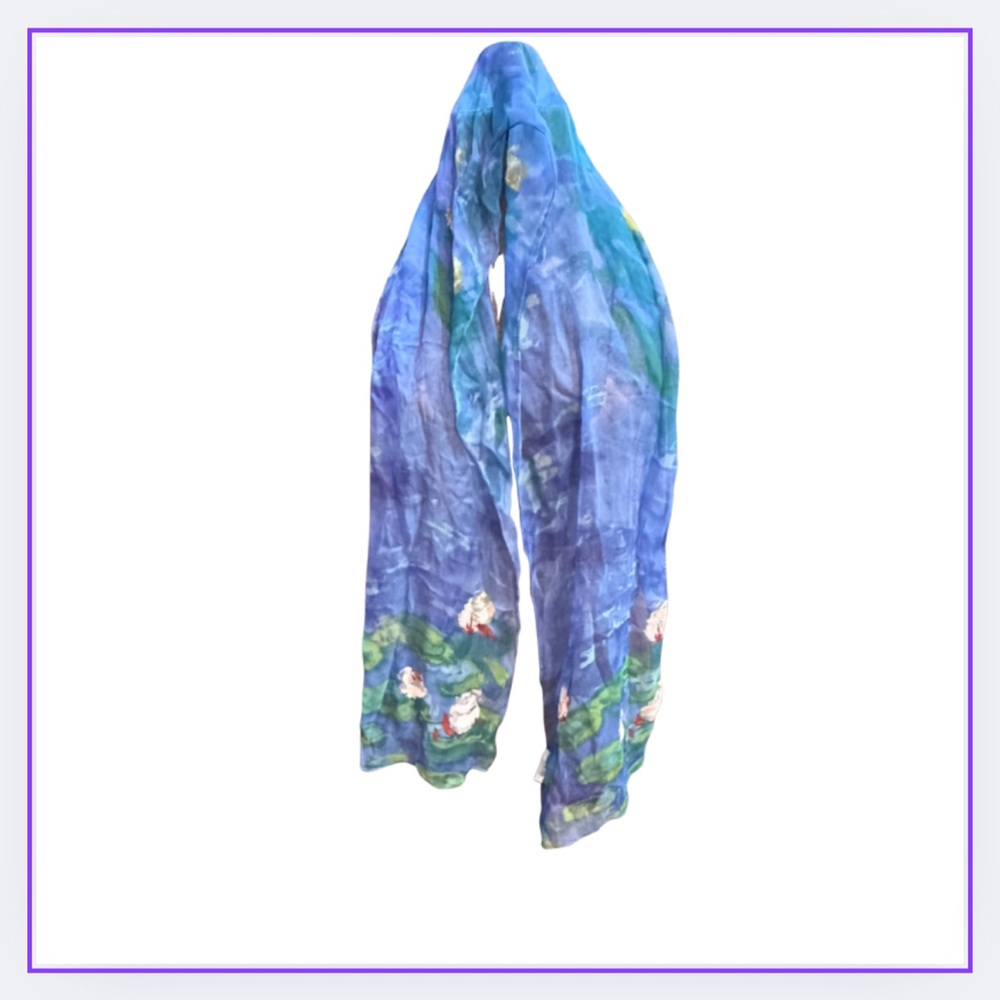 100% SILK Blue and Green Floral Watercolor Scarf